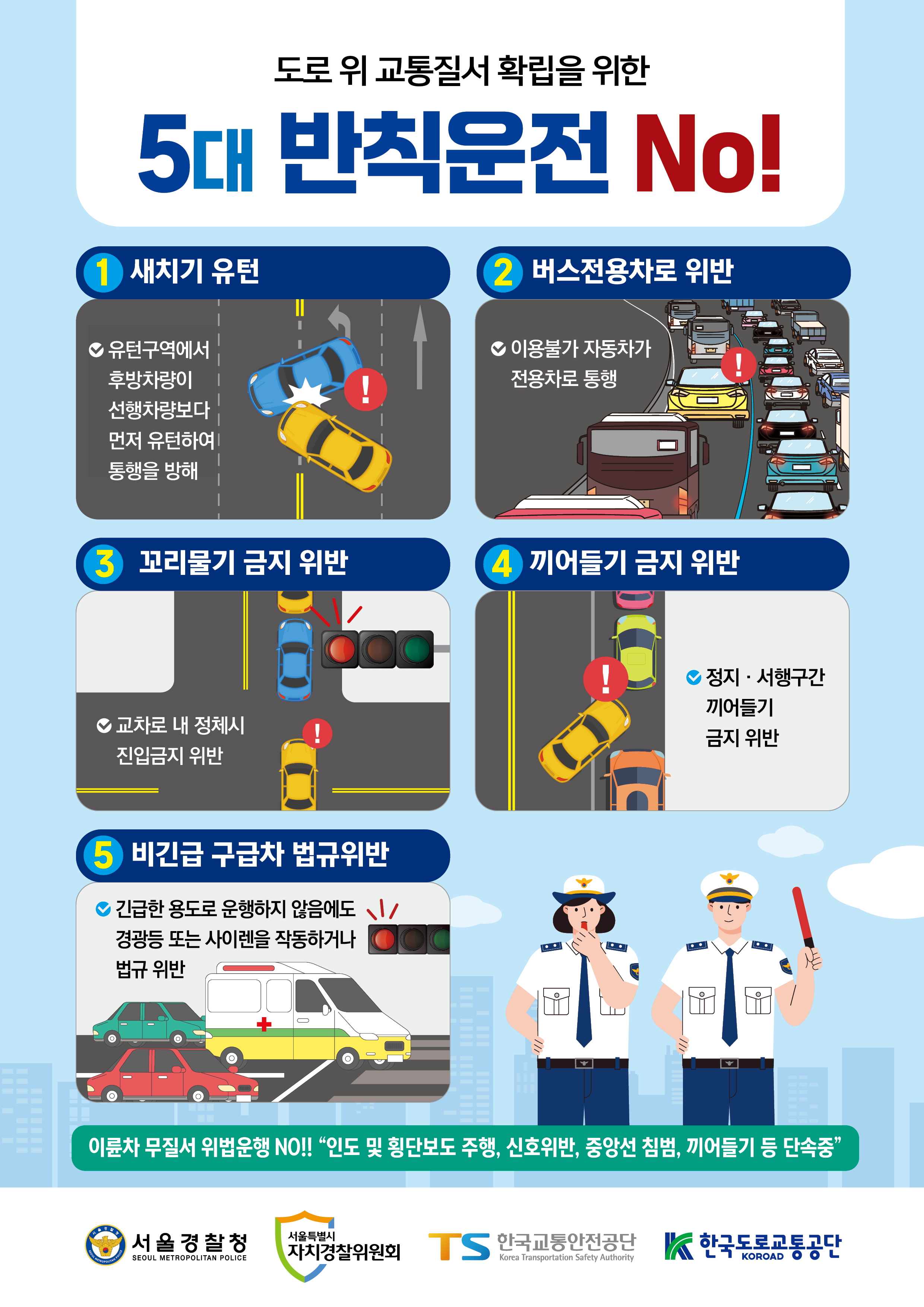 도로 위 교통질서 확립을 위한 5대 반칙운전 NO